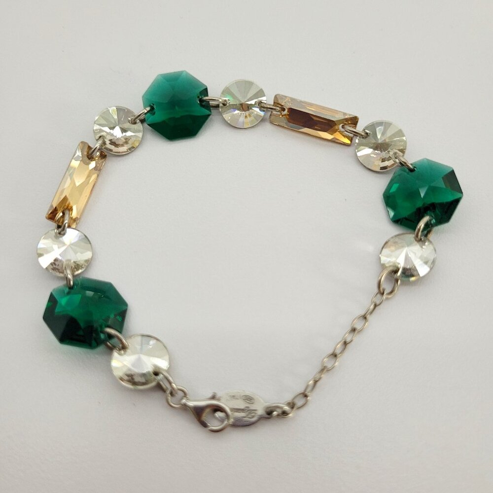 Dyadema 925 Italy Silver Bracelet w Green Diamond & Lt Amber Colored Stones
